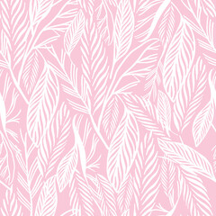 Tropical leaves pattern design texture in pink and white. Tropical foliage vector illustration.. Great for kids and summer home decor. Surface pattern design.