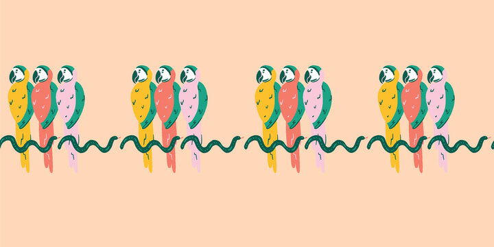 Parrot border repeat with snakes. Vector illustration of birds of paradise. Colorful background. Great for kids and summer home decor. Surface pattern design.