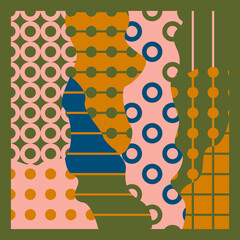 Raster square abstract composition with random color spots and round ornamental elements. Concept- contemporary art