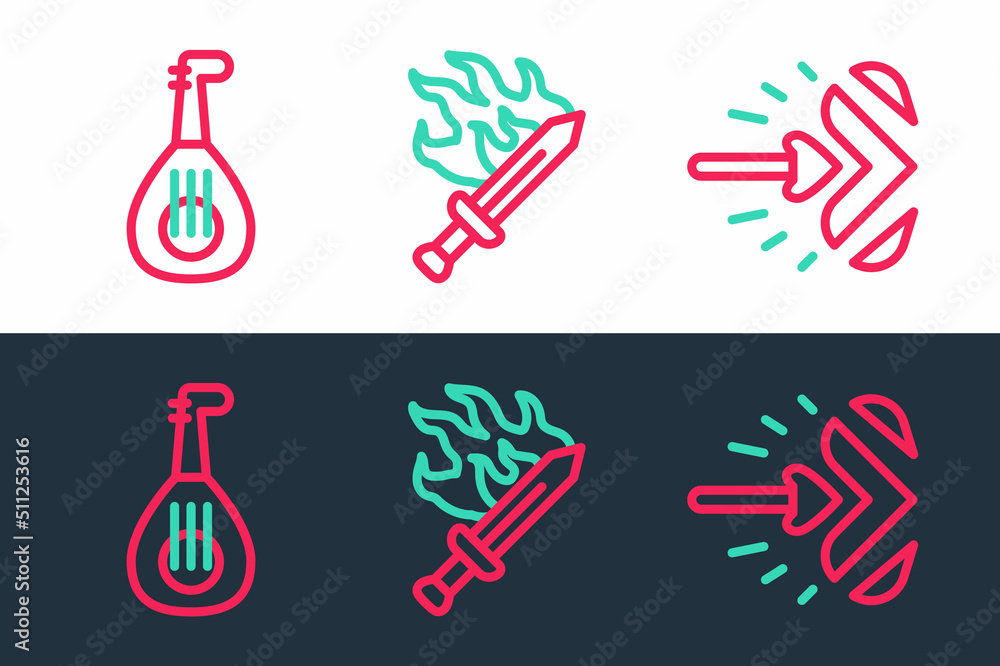 Poster set line magic arrow, lute and sword for game icon. vector