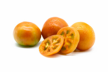 Fresh tomato slices isolated on white background.