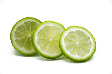 Lemons single slices isolated on white background. Front view
