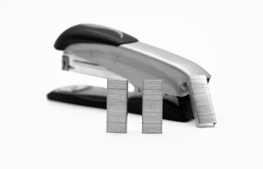 stapler pins with stapler isolated on white background. it is office and stationary tools