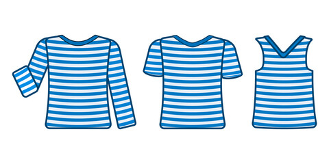 Set of striped sailor t-shirt isolated on white background. Sea striped shirt with long, short sleeves and sleeveless in light white blue colors. Sea travel element. Marine object. Vector illustration - obrazy, fototapety, plakaty