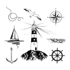 Set of nautical symbols lighthouse, seagulls, rope, waves, boat, wind rose, helm, anchor drawn in black ink, brush texture. Engraving style. © Yuliia Borovyk