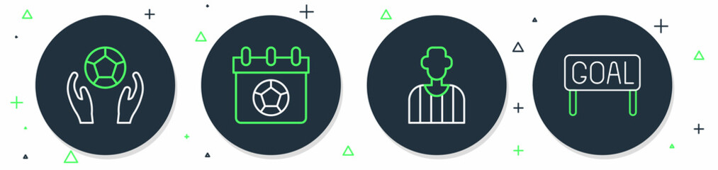 Set line Football or soccer calendar, referee, Soccer football and Goal icon. Vector