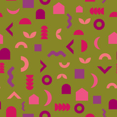 Seamless pattern of simple geometric shapes on a green background.