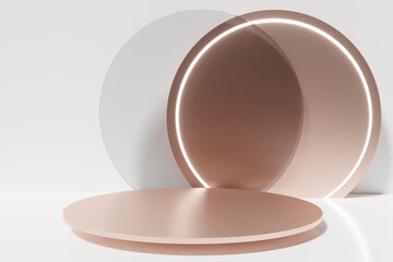 3d render of rose gold podium on a white floor on a white background with led circle