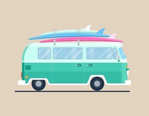 Retro vintage travelling van wit surfboards on the roof. Camping, road trip, summer concept. Flat vector illustration