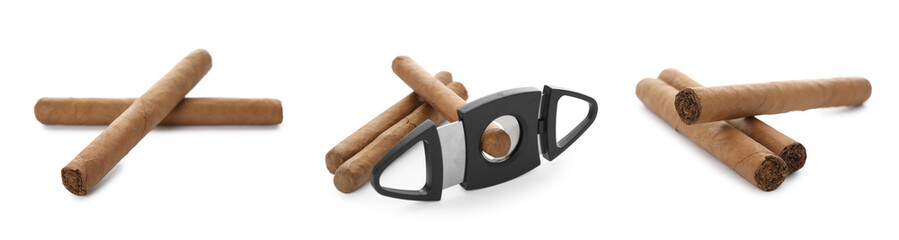 Set with cigars wrapped in tobacco leaves and guillotine cutter on white background. Banner design