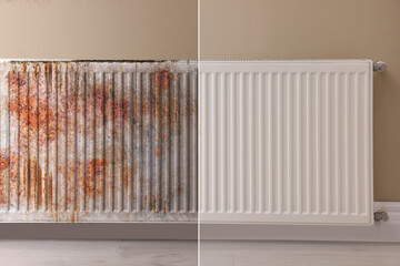 Collage with photos of panel radiator affected by rust and new one on beige wall