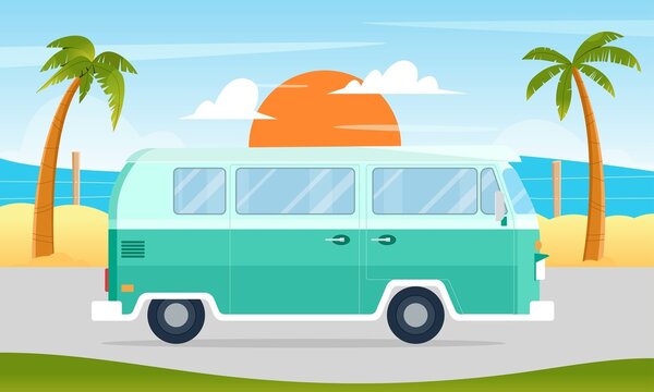 Retro vintage travelling van on the tropical landscape, palm trees, road with beach and sand. Camping, road trip, summer concept. Flat vector illustration