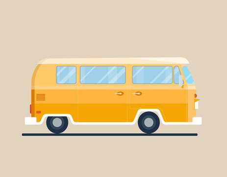 Retro vintage yellow travelling van. Camping, road trip, summer concept. Flat vector illustration in flat style