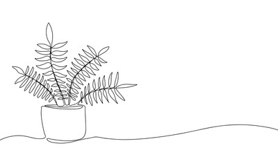 One line home plants silhouette. Botanical Continuous line background. Contour illustration isolated on white. Minimalist art vector drawing.