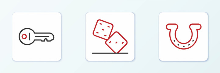 Set line Horseshoe, Old key and Game dice icon. Vector