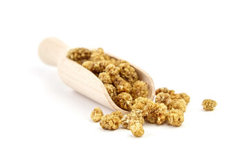 Mulberry dry berries morus alba in wooden spoon isolated on white