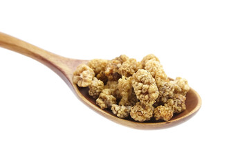 Mulberry dry berries morus alba in wooden spoon isolated on white