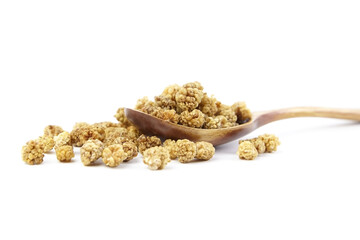 Mulberry dry berries morus alba in wooden spoon isolated on white