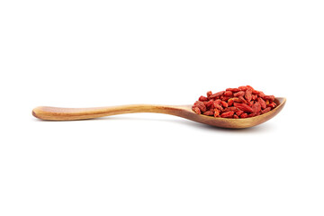Dried goji berries in wooden spoon isolated on white