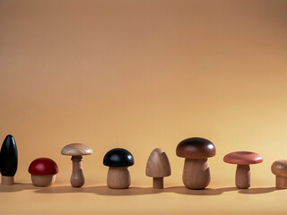 Wooden mushroom figures on beige background with space for text. Ecology concept, abstract background.