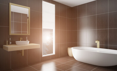 Naklejka na ściany i meble Bathroom interior bathtub. 3D rendering.. Sunset.
