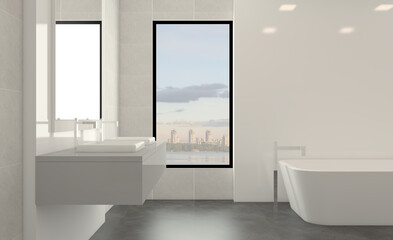 Fototapeta na wymiar Modern bathroom including bath and sink. 3D rendering.