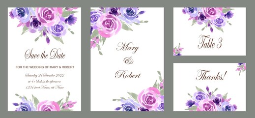 Floral banner with lilac roses and green leaves. Watercolor flowers, design for wedding invitations and greeting cards