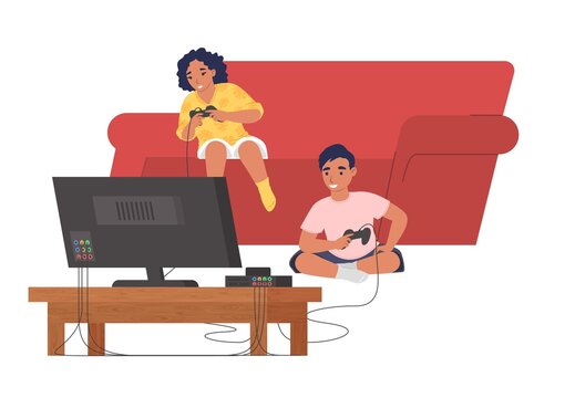 Children sitting on sofa and playing video game