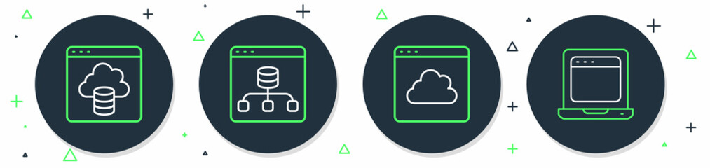 Set line Server, Data, Cloud technology data transfer, and Laptop with browser window icon. Vector
