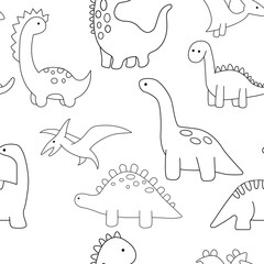 Vector hand drawn dino. Cute dinosaurs. Coloring book for children and adults. Seamless pattern.