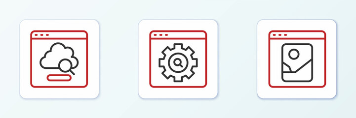 Set line Photo retouching, Cloud technology data transfer and Browser setting icon. Vector