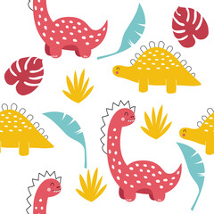 Vector hand drawn seamless pattern with colorful dinos, tropical leaves and bushes. Cute dinosaurs. For wallpaper, children's clothing, fabric, poster, packaging, gift paper. On a white background.