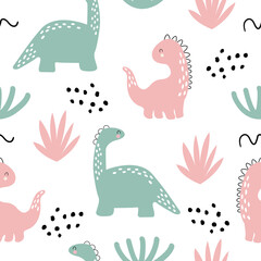 Seamless pattern with dino in doodle style. Dinosaurs, bushes, dots and doodles. Trendy children's wallpaper. Modern design. Hand drawn vector. On a white background.