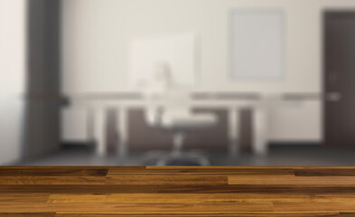 Modern office building interior. 3D rendering.. Mockup.   Empty. Background with empty wooden table. Flooring.