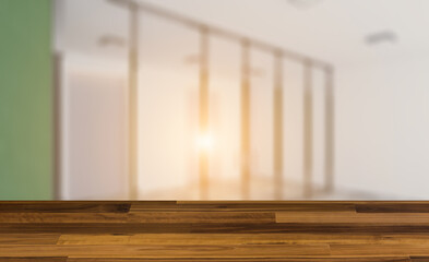 Side view of modern interior. 3D rendering.. Sunset.. Background with empty wooden table. Flooring.