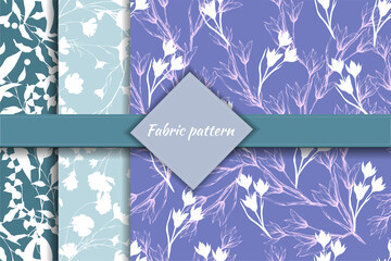 Set of lilac-blue floral backgrounds for fabrics, linens and home textiles