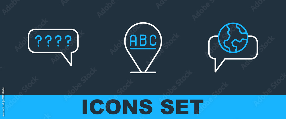Poster set line learning foreign languages, speech bubbles with question and alphabet icon. vector