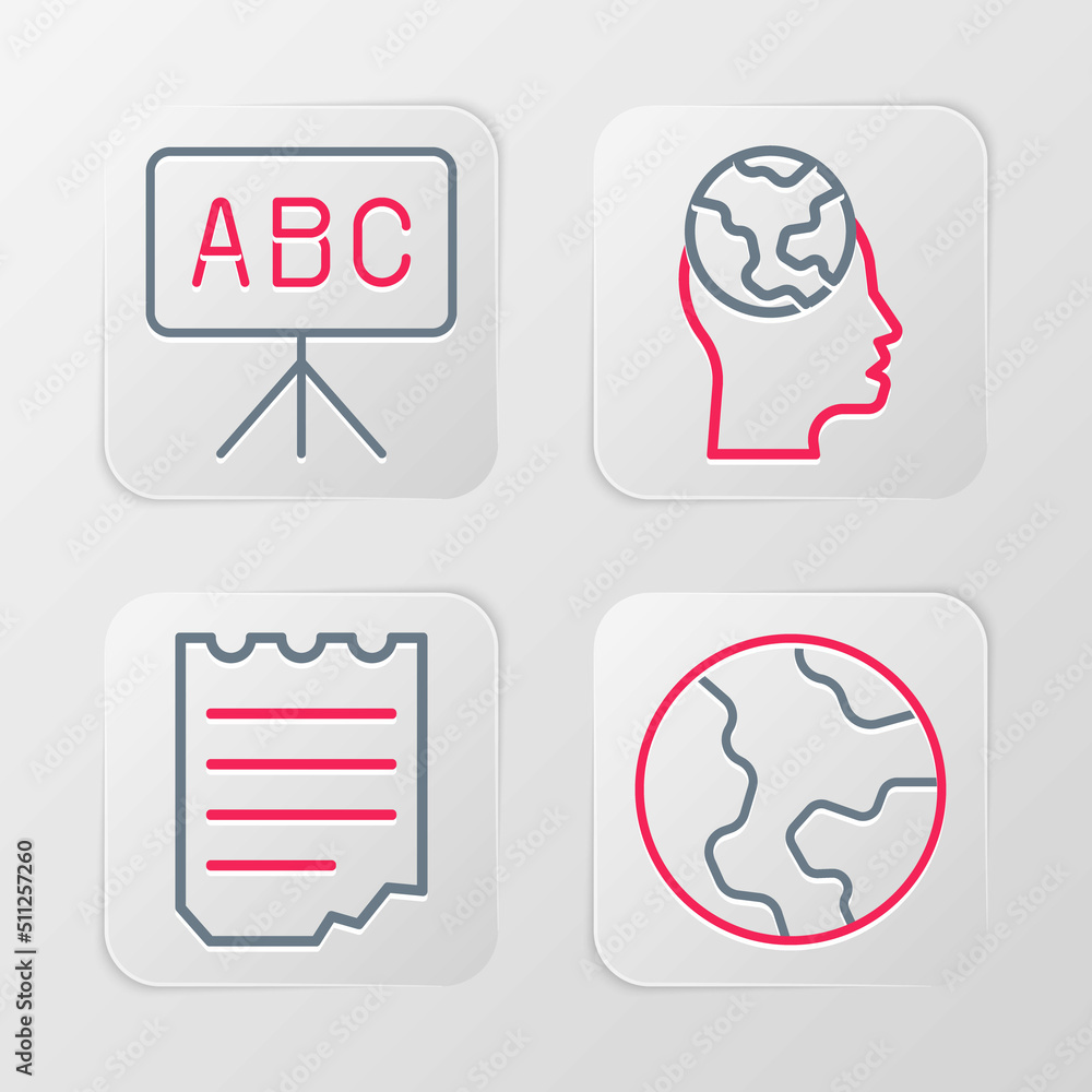 Poster set line earth globe, notebook, learning foreign languages and chalkboard icon. vector