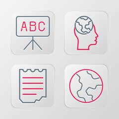 Set line Earth globe, Notebook, Learning foreign languages and Chalkboard icon. Vector