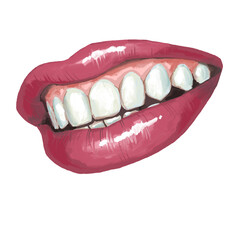 Perfect smile with shiny white teeth. Mouth hygiene and dentist medical care illustration. Woman lips with beautiful and happy smiling open mouth. Hand drawn vintage illustration. Old style drawing.