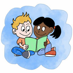 Kids boy and african american girl  reading the book