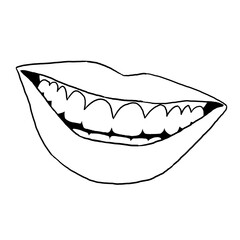 Perfect smile with shiny white teeth. Mouth hygiene and dentist medical care illustration. Woman lips with beautiful and happy smiling open mouth. Hand drawn vintage illustration. Old style drawing.