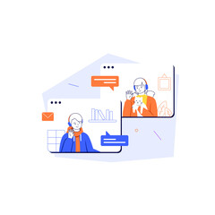 Man and woman consult via online videoconference vector illustration