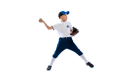 Fototapeta na wymiar Little boy, baseball player, pitcher in blue-white uniform training isolated on white studio background. Concept of sport, achievements, studying, competition
