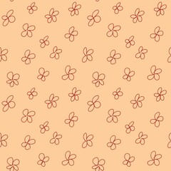 Seamless pattern with small hand-drawn flowers, abstract botanical pattern on a beige background. Small red flowers in sketch style, pattern for fabrics, packaging, dresses.