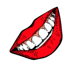 Perfect smile with shiny white teeth. Mouth hygiene and dentist medical care illustration. Woman lips with beautiful and happy smiling open mouth. Hand drawn vintage illustration. Old style drawing.