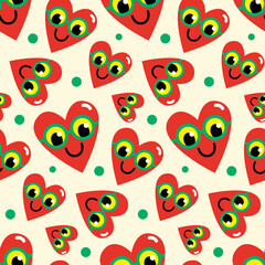 Seamless pattern of cute hearts in glasses, faces with smiles. Abstract funny cute comic vector pattern. Colorful fashion illustrations on a colored background. Cartoon style, flat design.