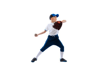 Little boy, baseball player, pitcher in blue-white uniform training isolated on white studio background. Concept of sport, achievements, studying, competition.