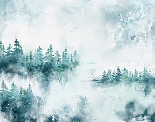 Watercolor foggy forest landscape