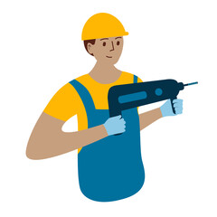 Man with ahammer drill drills wall. Illustration about construction, repair.